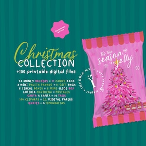 Könnte beinhalten: Grafik der Weihnachtskollektion mit einer rosa Süßigkeitentüte mit einem rosa Weihnachtsbaum und den Worten "Tis the season to be jolly." Die Kollektion umfasst druckbare digitale Dateien.
