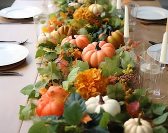 Fall Garland with Pumpkins Seasonal Table Runner Eucalyptus Garland Thanksgiving Table Runner Garland Mantle Decor