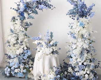 Blue and White Wedding Flower Arrangement with Greenery for Horn Arch