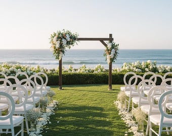 Arco nuziale con fiori ad angolo, composizione floreale con orchidee bianche, rose e verde