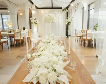 Centerpiece White Wedding Flower Table Runner – Artificial Rose Arrangement for Reception Banquet Decor