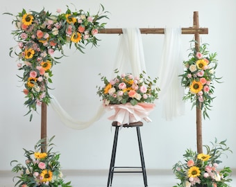 Arch Flower Arrangements with Sunflowers,Roses and Eucalyptus Wedding Flower Swag in Pink, Champagne, Ivory