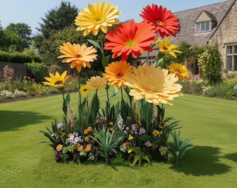 May include: A vibrant garden display featuring oversized, colorful gerbera daisies in shades of yellow, orange, and red. The flowers are arranged in a lush bed of greenery and smaller flowers, set against a backdrop of a green lawn and a stone house.