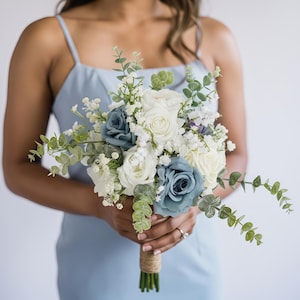Blue and White Bridal Posy, Elegant Rose Bouquet with Baby Breath and Eucalyptus