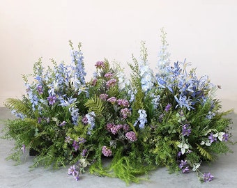 Greenery Wedding Arrangements with Purple and Blue Flowers for Aisle