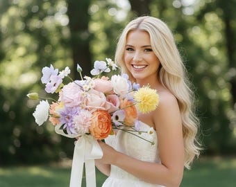 Fiori da sposa in rosa pastello con bouquet da sposa color pesca, arancione e lavanda