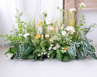 Greenery Wedding Arrangements with Yellow and Champagne Flowers for Aisle