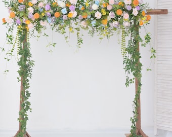 Artificial Wedding Floral Arbor Arrangements in Orange, Blue, and Purple Blossoms with Cascading Foliage for Weddings and Celebrations