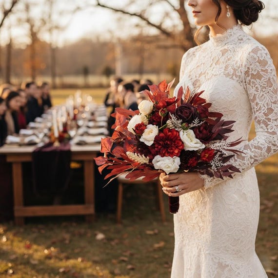 Elegant Bridal Bouquet With Red, White, and Champagne Floral Arrangement Wedding Flowers