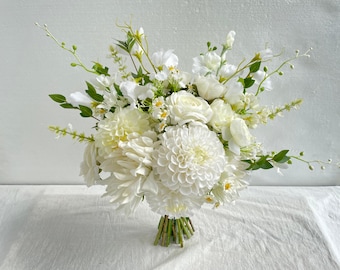 White Rose Dahlia Bridal Bouquet, Natural Greenery Wedding Flowers, Faux Floral Arrangement
