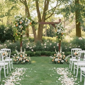 May include: An outdoor wedding ceremony setup with white chairs, floral arrangements, and a wooden arch. The aisle is lined with flower petals. The scene is set in a garden with trees and greenery.