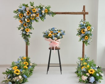 Arch Flower Arrangements with Sunflowers, Roses, and Eucalyptus Wedding Flower Swag in Blue, Champagne, Ivory