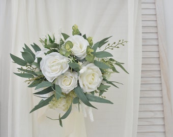 Classic Ivory and White Bridal Bouquet Ivory Rose Bridal Bouquet with Eucalyptus