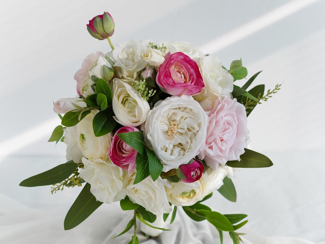 White Blush Roses Elegant White & Blush Rose Wedding Flowers With Hot Pink Accents Bridal ...
