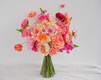 Vibrant Coral Pink Wildflower Bridal Bouquet, Colorful Wedding Flowers with Dahlia, Poppy