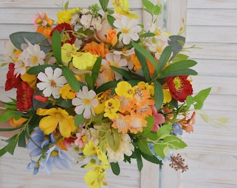 Artificial Bridal Bouquet Featuring Wildflowers in Shades of Yellow, Orange, and Red