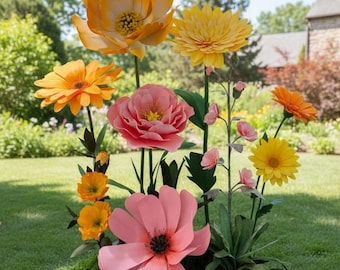 May include: A vibrant arrangement of oversized paper flowers in shades of orange, yellow, and pink. The flowers are arranged in a bed of green moss, creating a whimsical garden display. The scene is set outdoors with a backdrop of green grass and trees.