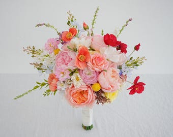 Bridal Bouquet for Wedding Ceremony, Colorful Coral Pink & Orange Peony Poppy Wildflower Floral Arrangement