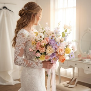 Bridal Bouquet with Mixed Garden Flowers Faux Wedding Bouquet in Pastel Peach, Lavender & Yellow