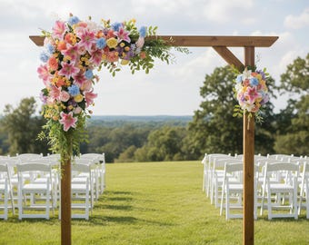 Ghirlanda floreale con gigli rosa brillante e arco blu - Decorazione per sfondo cerimonia con accenti gialli