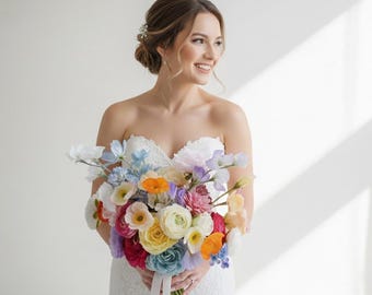 Fiori misti vivaci per matrimonio con bouquet da sposa di ranuncoli e fiori di campo vivaci