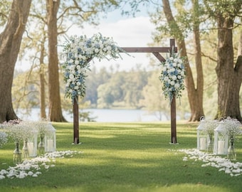 Floral Arch Arrangement for Frame and Event Backdrop Featuring White, Light Blue, and Greenery