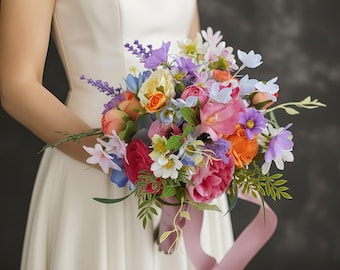 Bouquet da sposa multicolore con rose e peonie, vivaci fiori primaverili per matrimoni