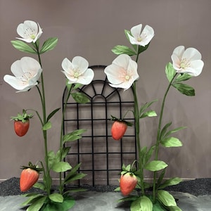 Decorazione di fragole e grandi fiori per eventi, installazione artigianale