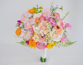 Wedding Bouquet for Bride Ceremony, Vibrant Pink , Yellow & Blue Wildflower Floral Arrangement