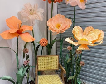 Ilustraciones de flores de papel gigantes Colección de flores de naranja y melocotón de tamaño natural, perfecta para decoración de eventos