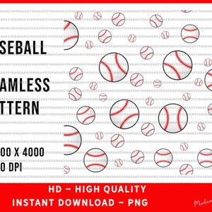 May include: A seamless baseball pattern with white baseballs and red stitching on a white background. The design includes the words "BASEBALL SEAMLESS PATTERN" and "HD - HIGH QUALITY INSTANT DOWNLOAD - PNG". The image is 4000 x 4000 pixels at 300 DPI.