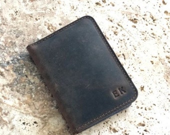 Minimalist Leather Bifold Wallet. Slim Leather Wallet. Distressed Leather Credit Card Wallet
