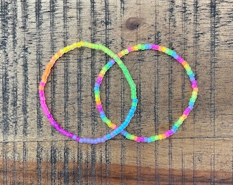 Tiny Matte Neon Ombre & Rainbow Seed Bead Stretch Bracelets