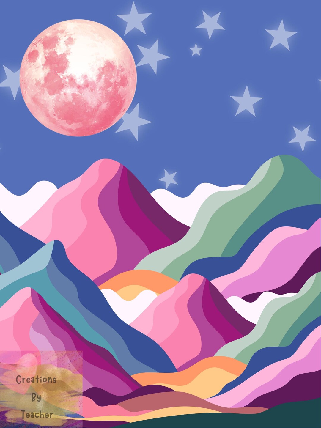 Abstract Mountainscape PNG | Colorful Moon, Stars (digital Download) - Etsy