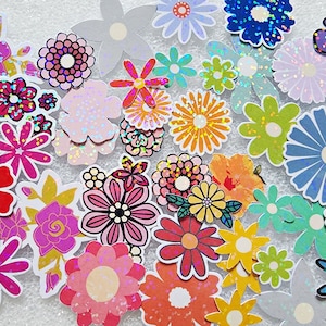 May include: Assortment of colorful flower stickers with glitter and holographic finishes. The stickers feature various flower designs, including daisies, roses, and abstract floral patterns.