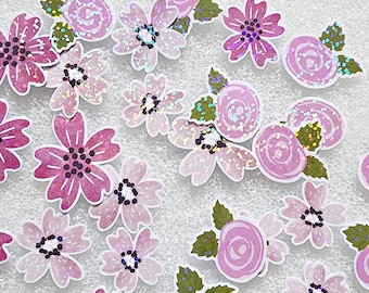 Glittrande rosa blommiga klistermärken: Ros- och blomdekaler, 30 stycken