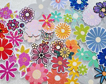 Sparkly Rainbow Flower Stickers, Loose Floral Sticker Set 45 Pieces