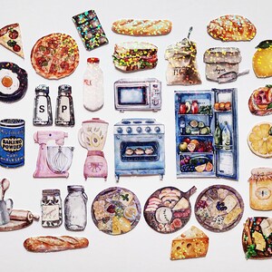 May include: A collection of watercolor illustrations of kitchen and food items, including a microwave, oven, refrigerator, mixer, grater, baking powder, bread, pizza, and various fruits and vegetables.