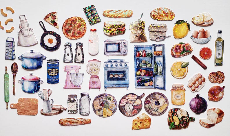 May include: A collection of watercolor illustrations of kitchen and food items, including a microwave, oven, refrigerator, mixer, grater, baking powder, bread, pizza, and various fruits and vegetables.