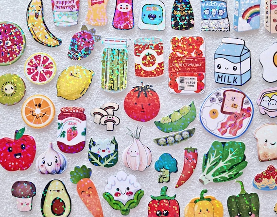 Cute Food Stickers, Sparkly Kawaii Sticker Pack for Recipe Books and Planners, 55 Pieces