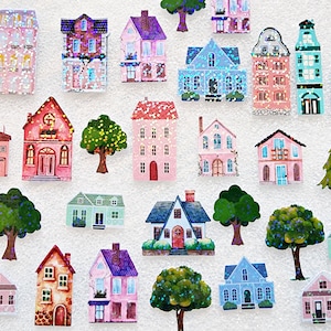 Glitzernde Haus Aufkleber, Niedliche Stadt Aufkleber Set für Planer und Scrapbooks, 40 Teile