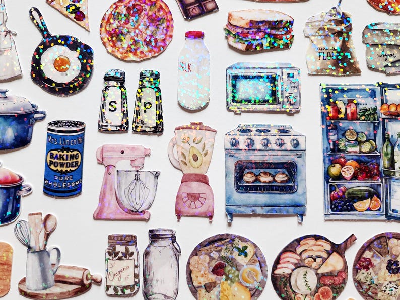 May include: A set of 18 holographic stickers featuring kitchen-themed illustrations. The stickers include a pizza, a frying pan, a blender, a mixer, a stove, a refrigerator, a microwave, a loaf of bread, a jar of spices, a jar of baking powder, a jar of oregano, a jar of milk, a jar of flour, a sandwich, and a plate of cheese and crackers.