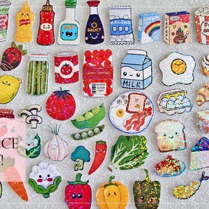 May include: A set of 55 food-themed stickers featuring various fruits, vegetables, and snacks. Includes a banana, watermelon, lemon, egg, bacon, toast, and more. The stickers have a cute, cartoonish design.