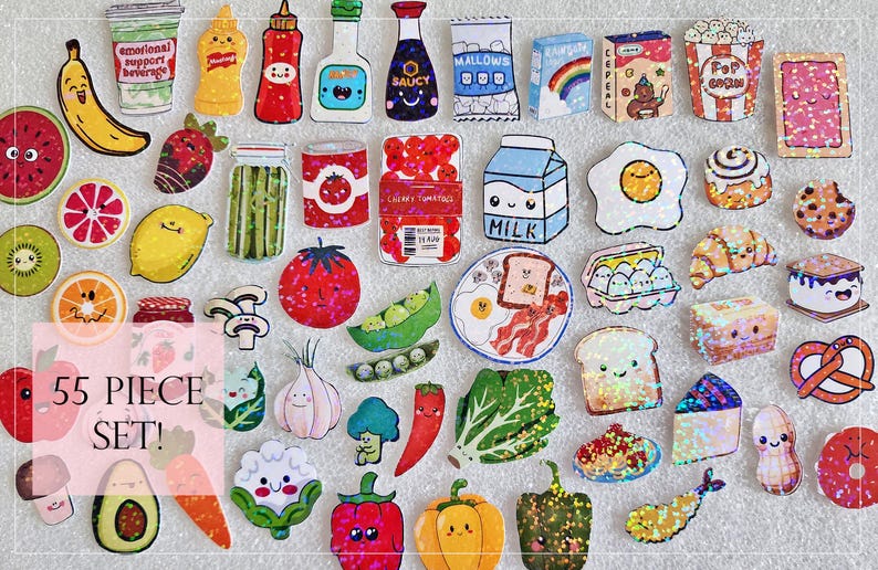 May include: A set of 55 food-themed stickers featuring various fruits, vegetables, and snacks. Includes a banana, watermelon, lemon, egg, bacon, toast, and more. The stickers have a cute, cartoonish design.