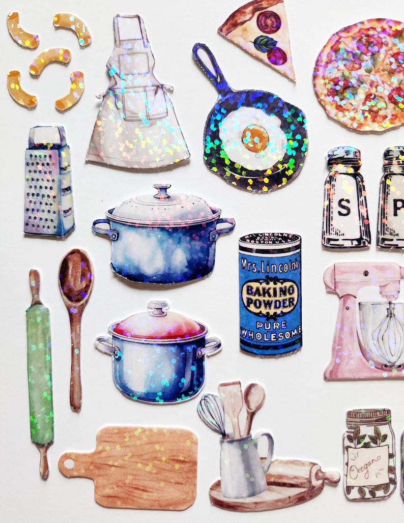 May include: A set of iridescent holographic stickers featuring kitchen items like a rolling pin, wooden spoon, grater, a pot, a pan, a cutting board, a whisk, a spatula, a mixing bowl, a jar of oregano, a can of baking powder, a stand mixer, and a pizza.