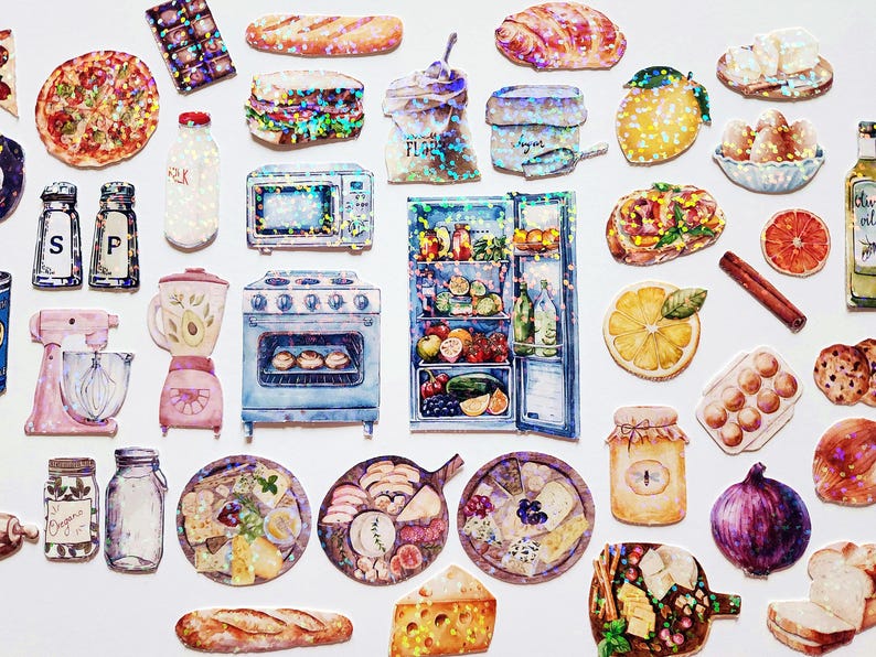 Baking Supplies Sticker Set, Sparkly Food and Cooking Stickers for Recipe Books and Planners, 50 Pieces image 1