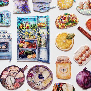 May include: A set of holographic stickers featuring various kitchen and food items, including a refrigerator, a bag of flour, a jar of sugar, a loaf of bread, a lemon, a jar of honey, a plate of cheese, and a red onion.