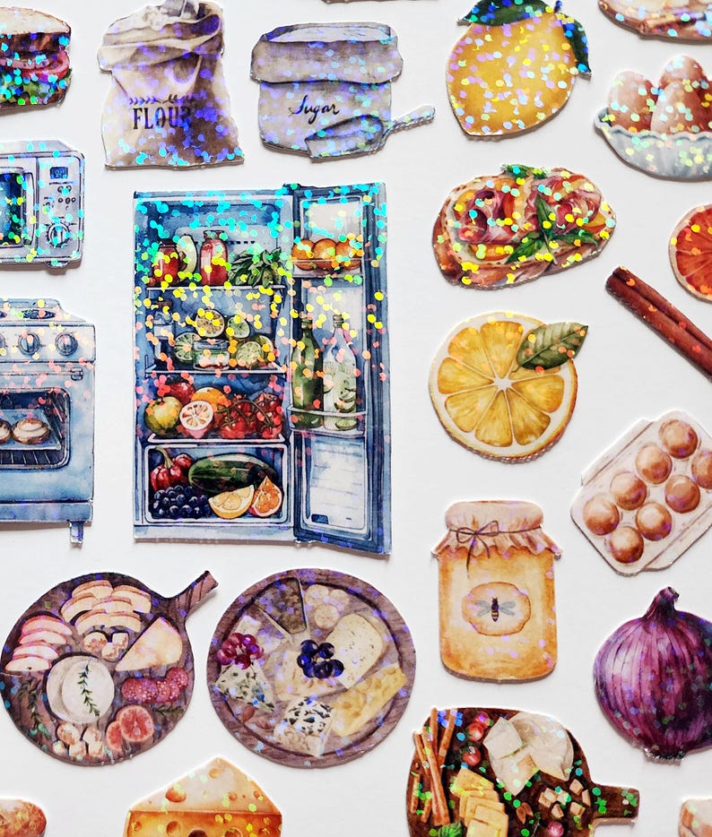 May include: A set of holographic stickers featuring various kitchen and food items, including a refrigerator, a bag of flour, a jar of sugar, a loaf of bread, a lemon, a jar of honey, a plate of cheese, and a red onion.