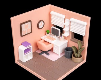 Miniature Office Room Box – 3D Printed Diorama – Dollhouse Style Workspace Scene – Desk Shelf Display