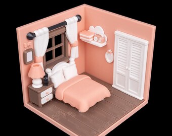 3D Printed Miniature Bedroom Diorama – Pastel Dollhouse Room Box